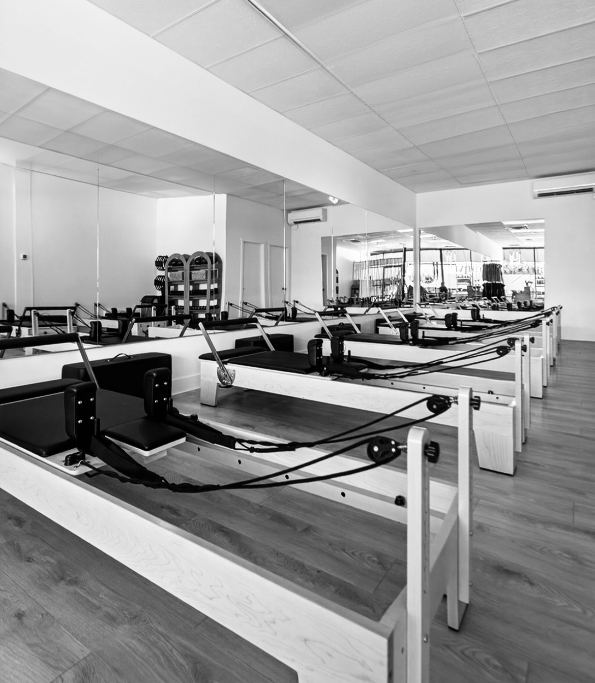 Reformer machines in a Pilates studio